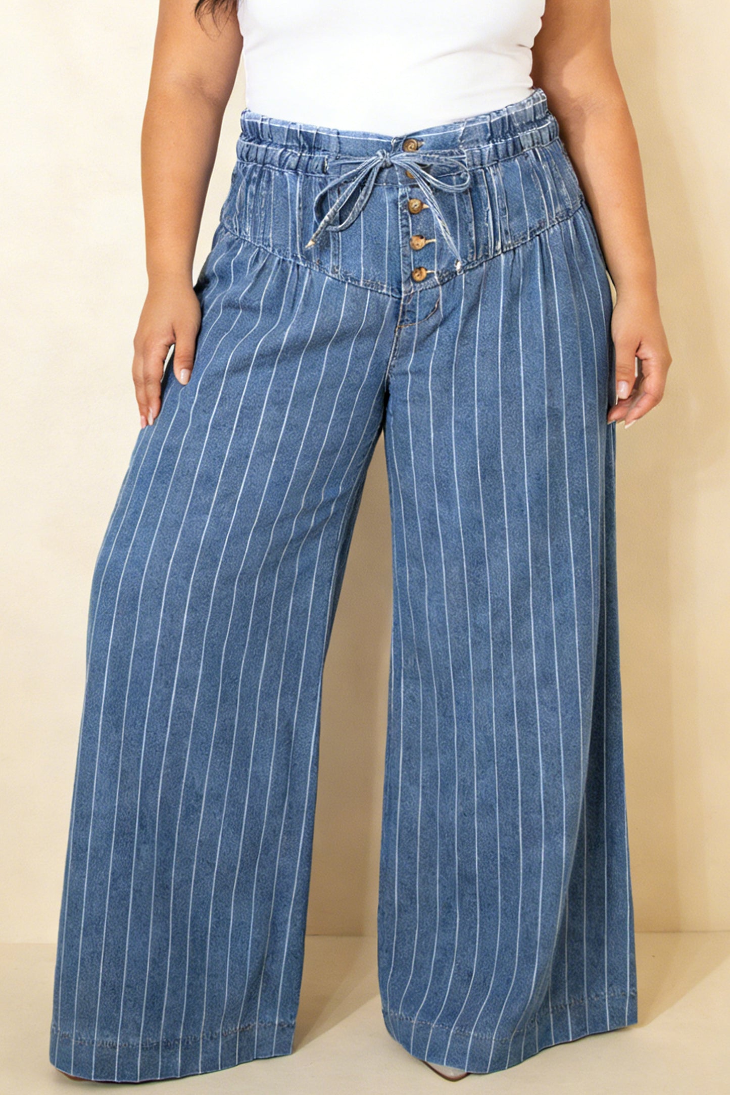 Plus Size Sky Blue Stripe Buttoned Loose Wide Leg Denim Pants