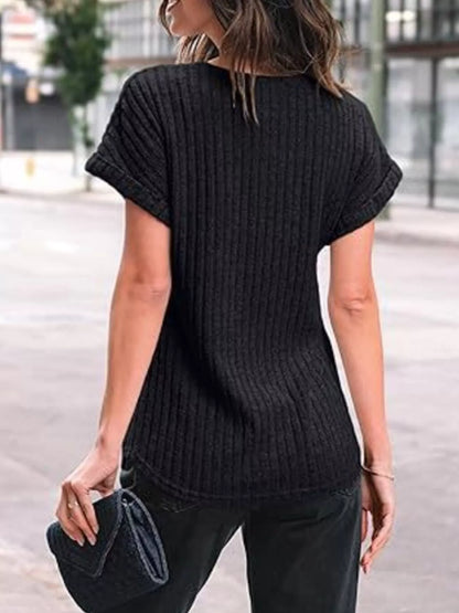 Casual Ribbed Knit Short Sleeve T-Shirt - Bayou Curves