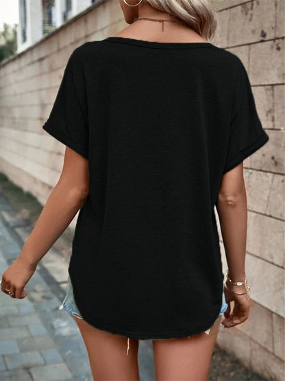 Full Size Decor Button Short Sleeve T-Shirt Plus Size - Bayou Curves