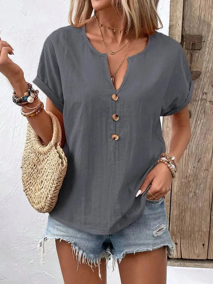 Full Size Notched Short Sleeve Top Plus Size - Bayou Curves