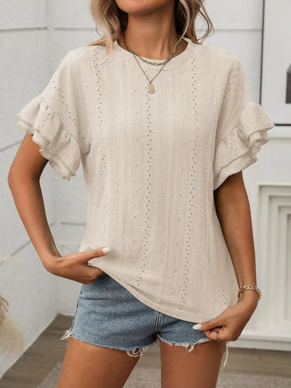 Eyelet Round Neck Flounce Sleeve Top - Bayou Curves
