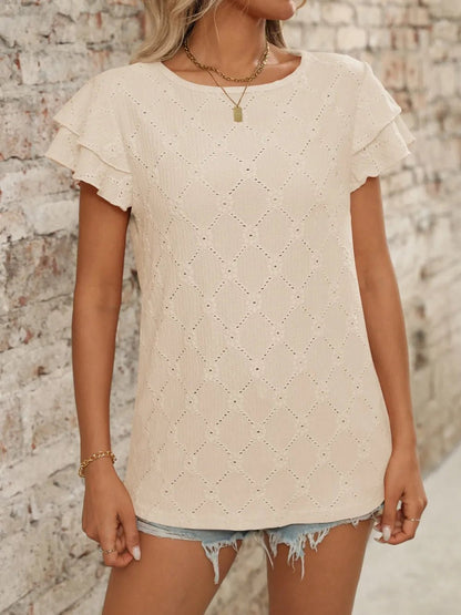 Eyelet Round Neck Double Layered Ruffled Short Sleeve Top - Bayou Curves