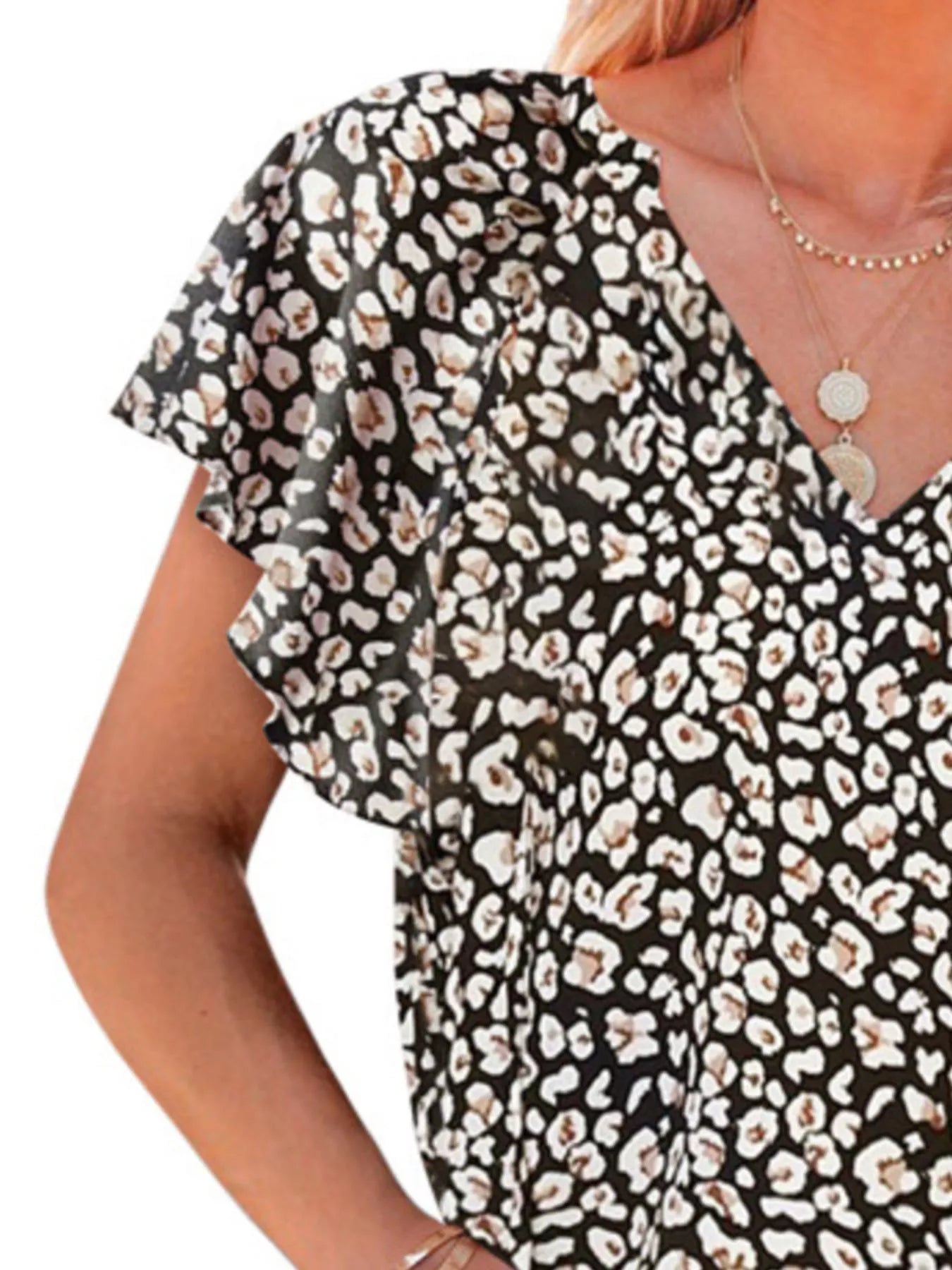 Full Size Floral Print Flutter Sleeve V-Neck Blouse Plus Size - Bayou Curves