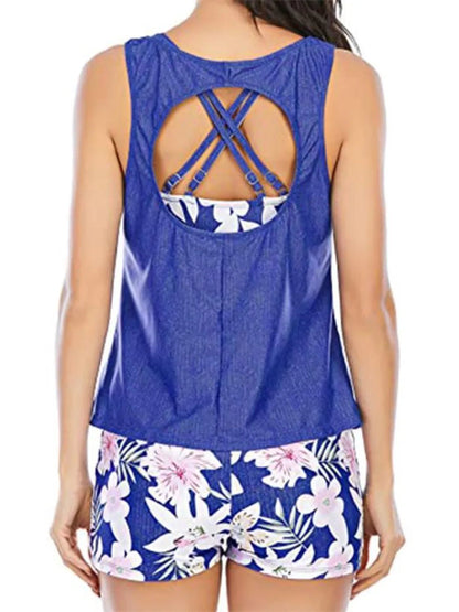 Cutout Printed Round Neck Three-Piece Swim Set - Bayou Curves