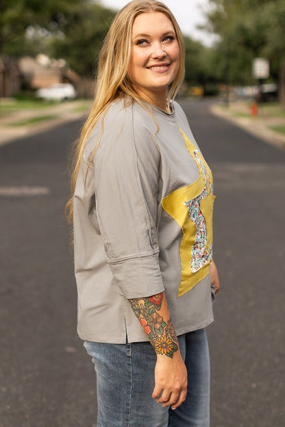 Plus Size Medium Grey Floral Star Patched Pattern 3/4 Sleeve Top