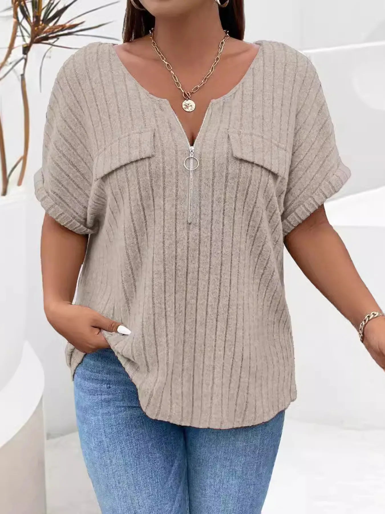 Plus Size Ribbed Half Zip Relaxed Fit T-Shirt - Bayou Curves