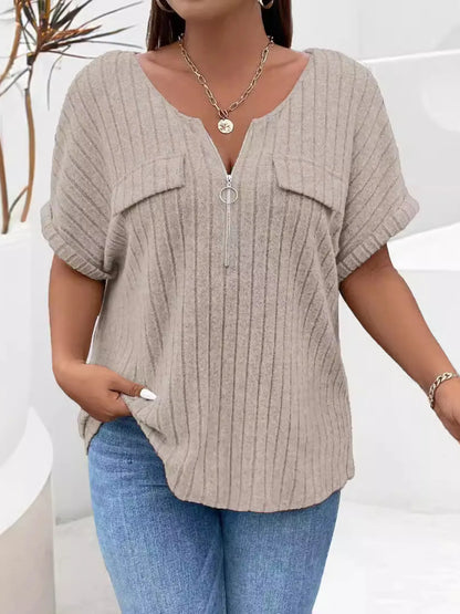 Plus Size Ribbed Half Zip Relaxed Fit T-Shirt - Bayou Curves