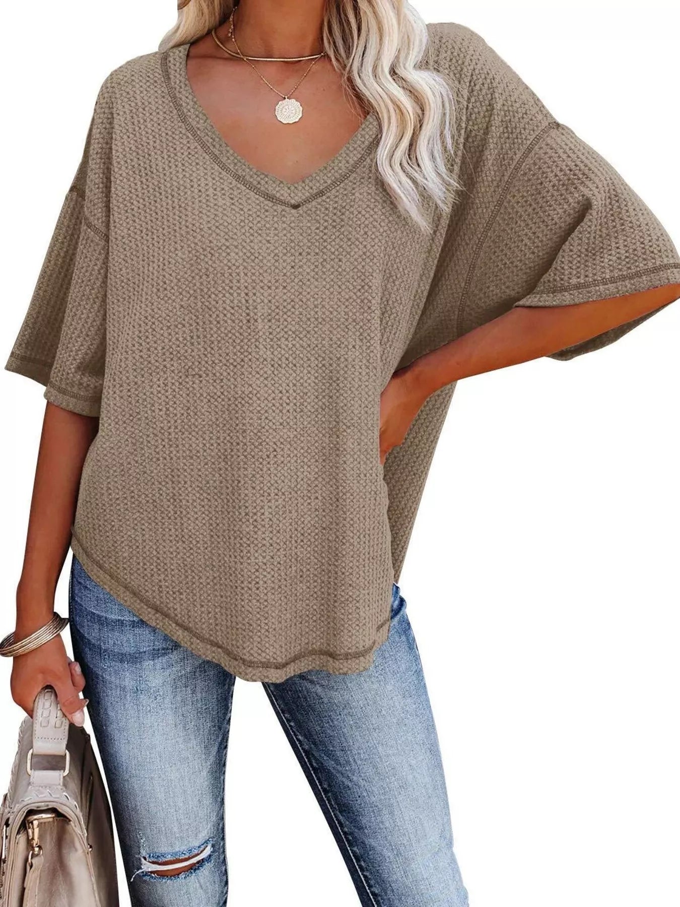 Waffle Knit V-Neck Short Sleeve T-Shirt - Bayou Curves