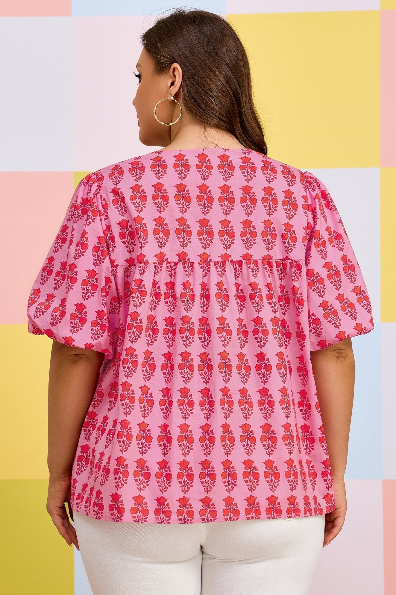 Plus Size Pink Floral Print Tassel Tie Puff Sleeve Cotton Blouse - Bayou Curves