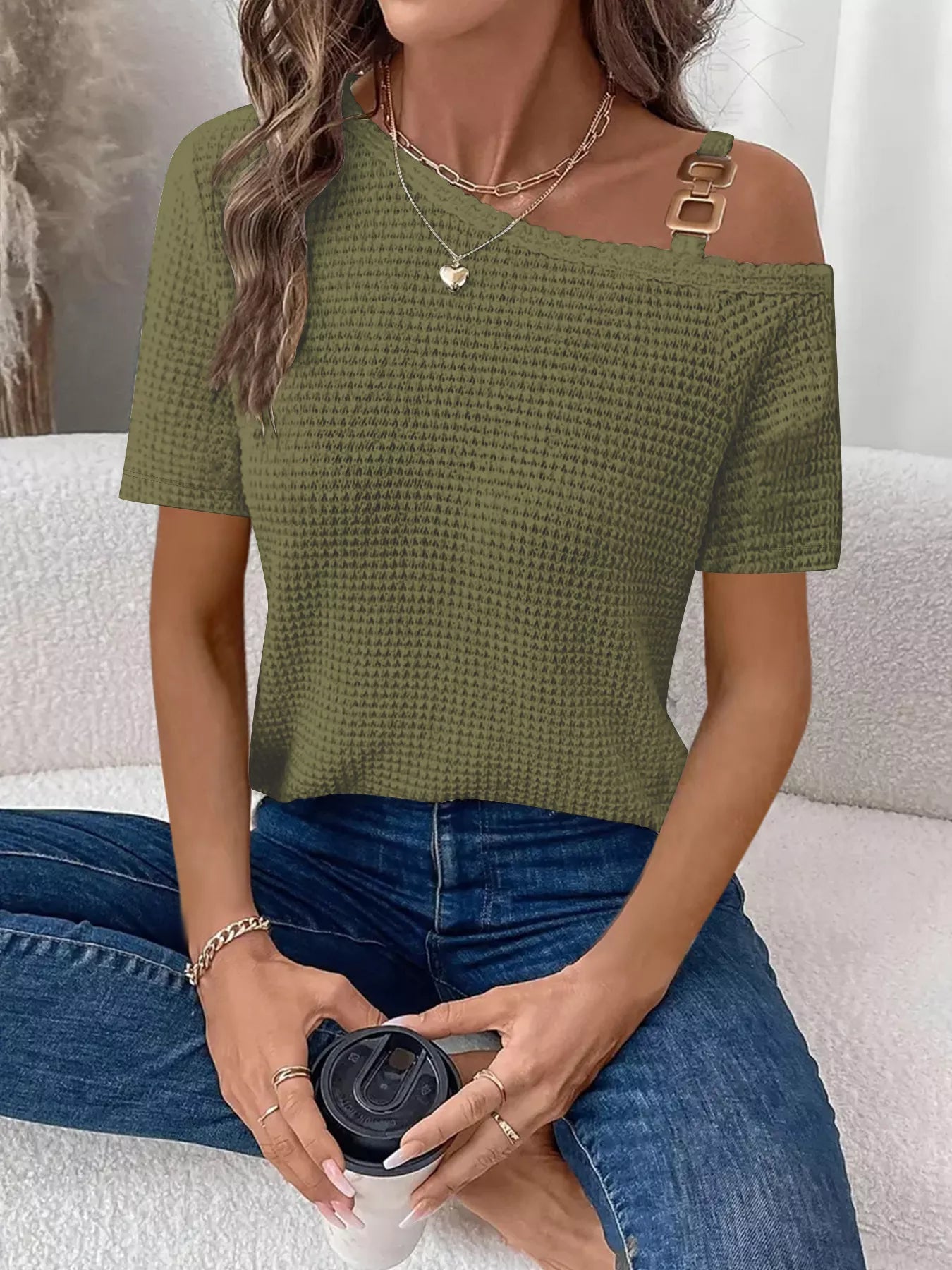 One-Shoulder Chain Detail Waffle Knit T-Shirt - Bayou Curves