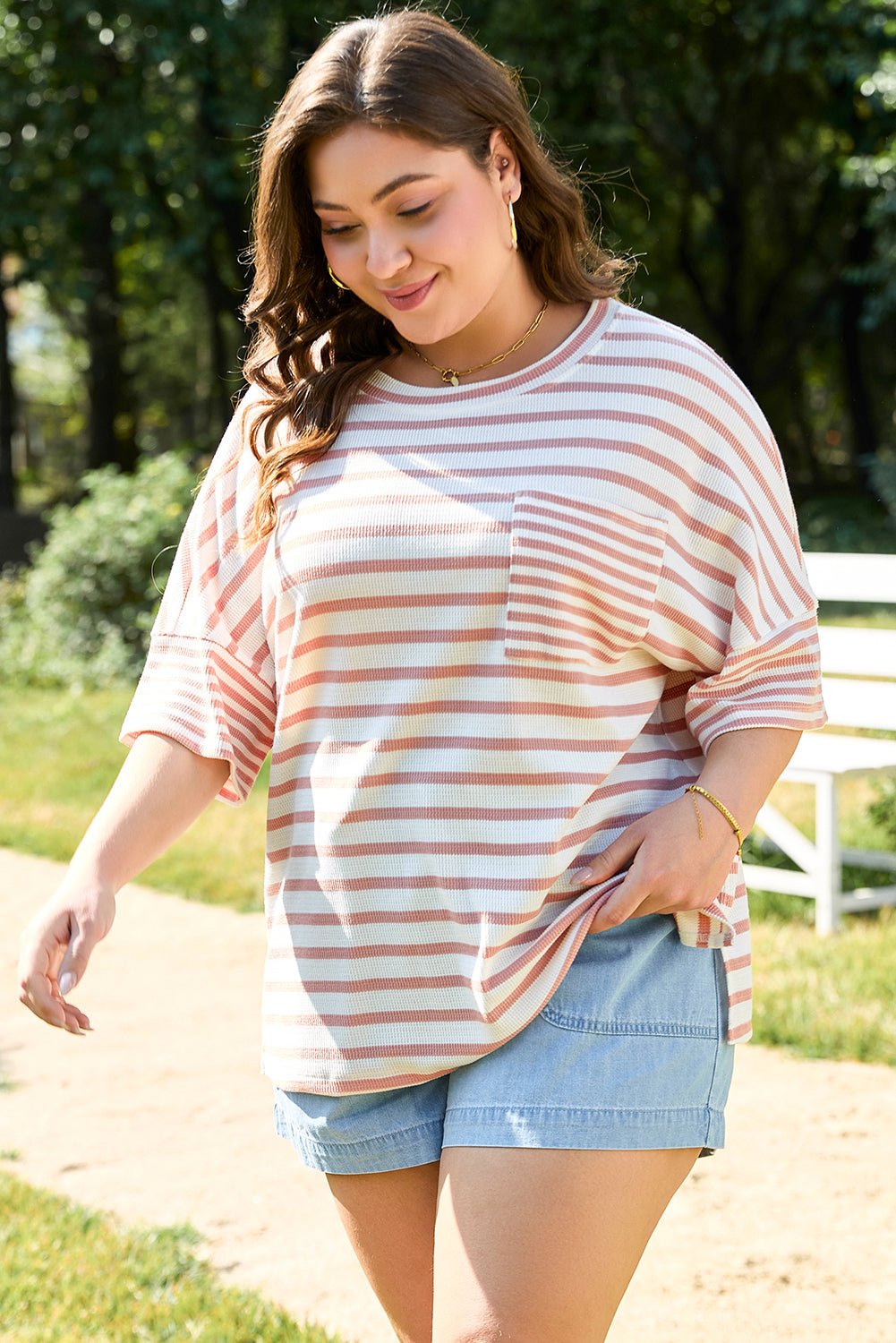 Plus Size Pink Stripe Waffle Knit Pocketed Half Sleeve T Shirt - Bayou Curves