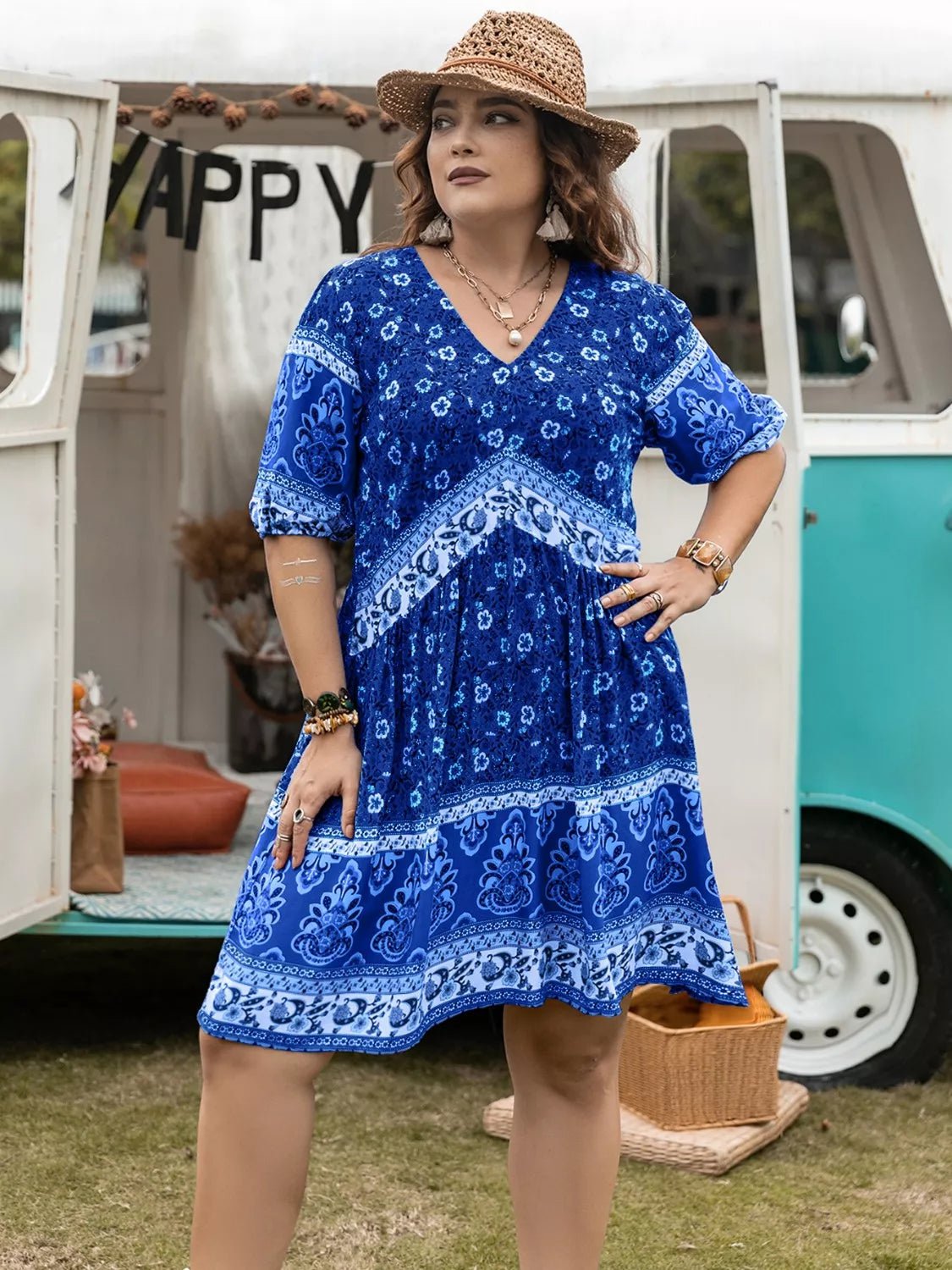 Plus Size Floral V-Neck Mini Dress - Bayou Curves