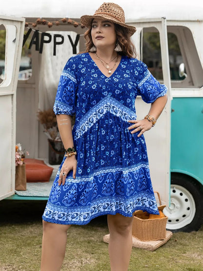 Plus Size Floral V-Neck Mini Dress - Bayou Curves