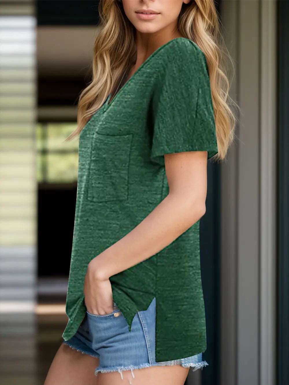 Pocketed Heathered V-Neck Short Sleeve T-Shirt - Bayou Curves