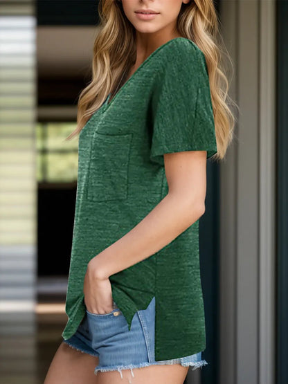 Pocketed Heathered V-Neck Short Sleeve T-Shirt - Bayou Curves