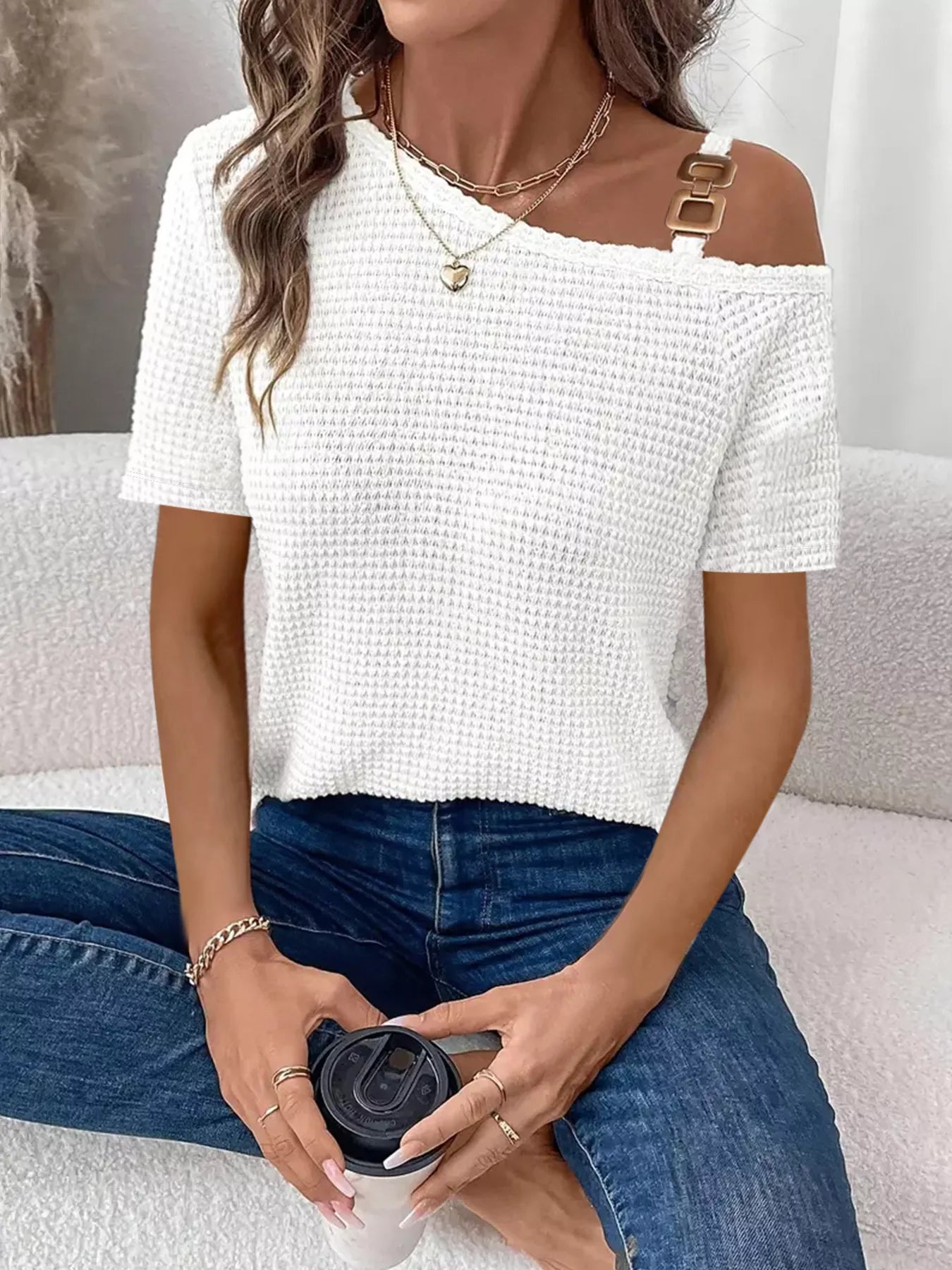 One-Shoulder Chain Detail Waffle Knit T-Shirt - Bayou Curves