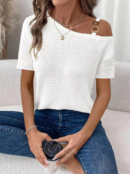 One-Shoulder Chain Detail Waffle Knit T-Shirt - Bayou Curves
