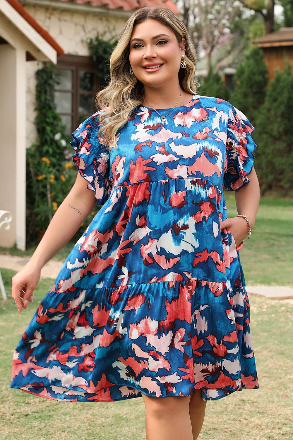Plus Size Blue Abstract Print Shirred Ruffled Short Sleeve Tiered Mini Dress - Bayou Curves
