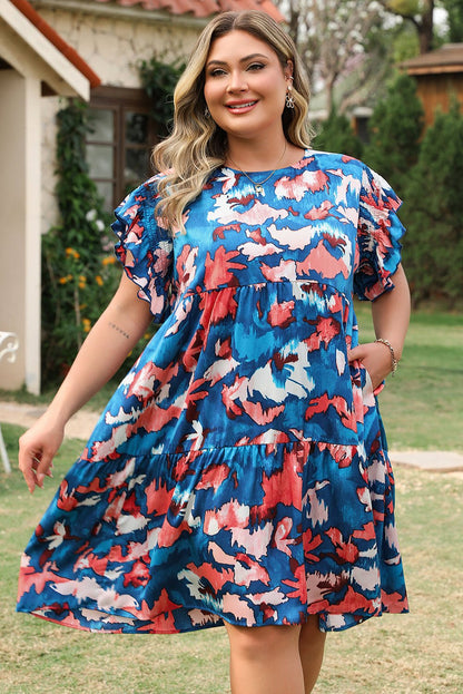 Plus Size Blue Abstract Print Shirred Ruffled Short Sleeve Tiered Mini Dress - Bayou Curves