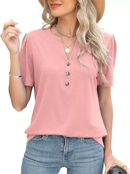 Full Size Notched Short Sleeve Blouse Plus Size - Bayou Curves