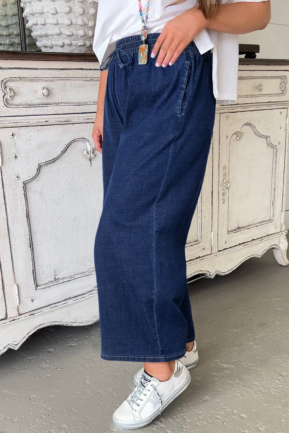 Plus Size Real Teal Drawstring High Waist Wide Leg Jeans - Bayou Curves