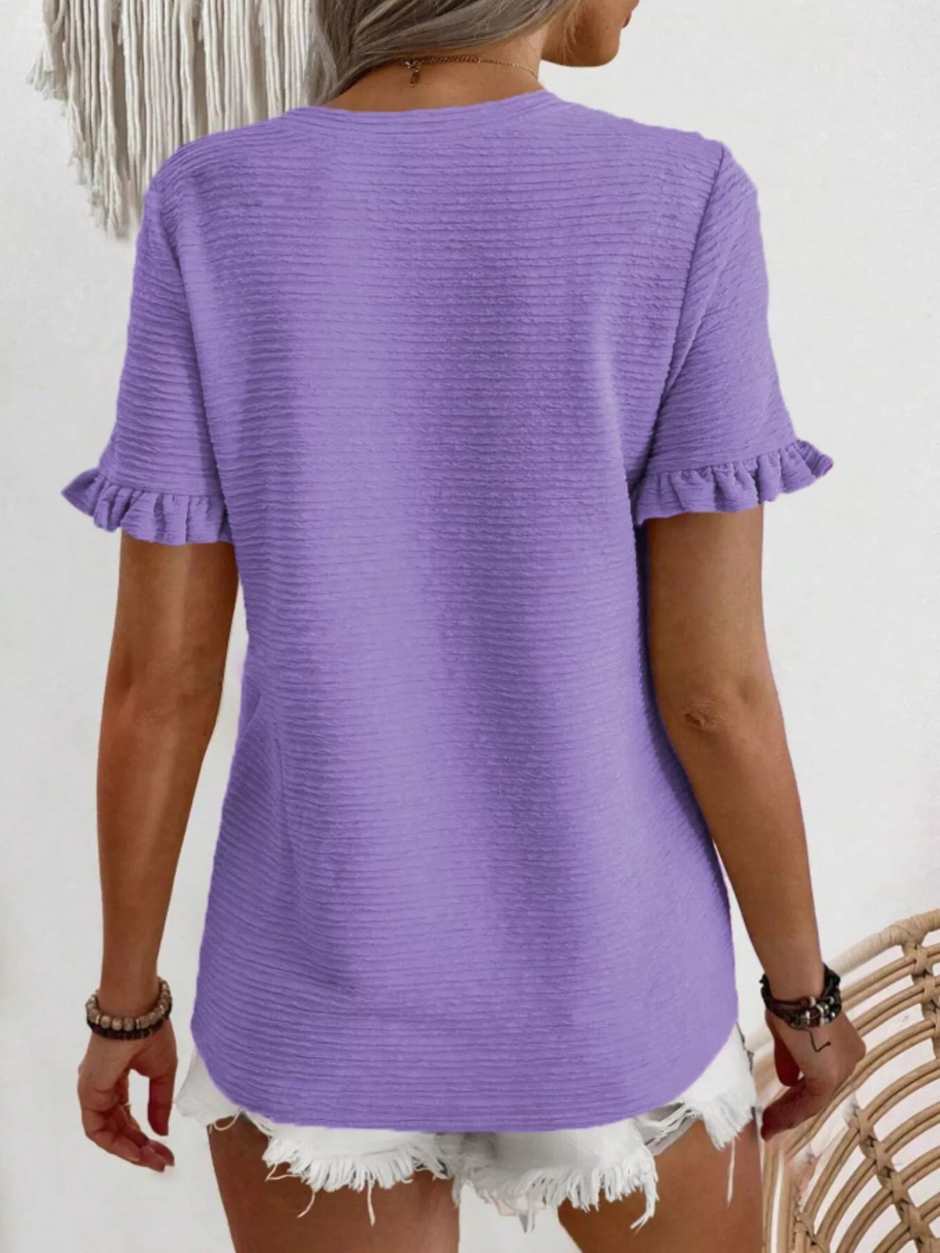 Textured Ruffle Sleeve Round Neck T-Shirt - Bayou Curves
