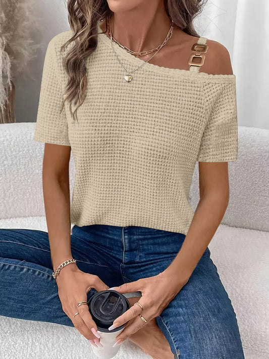 One-Shoulder Chain Detail Waffle Knit T-Shirt - Bayou Curves