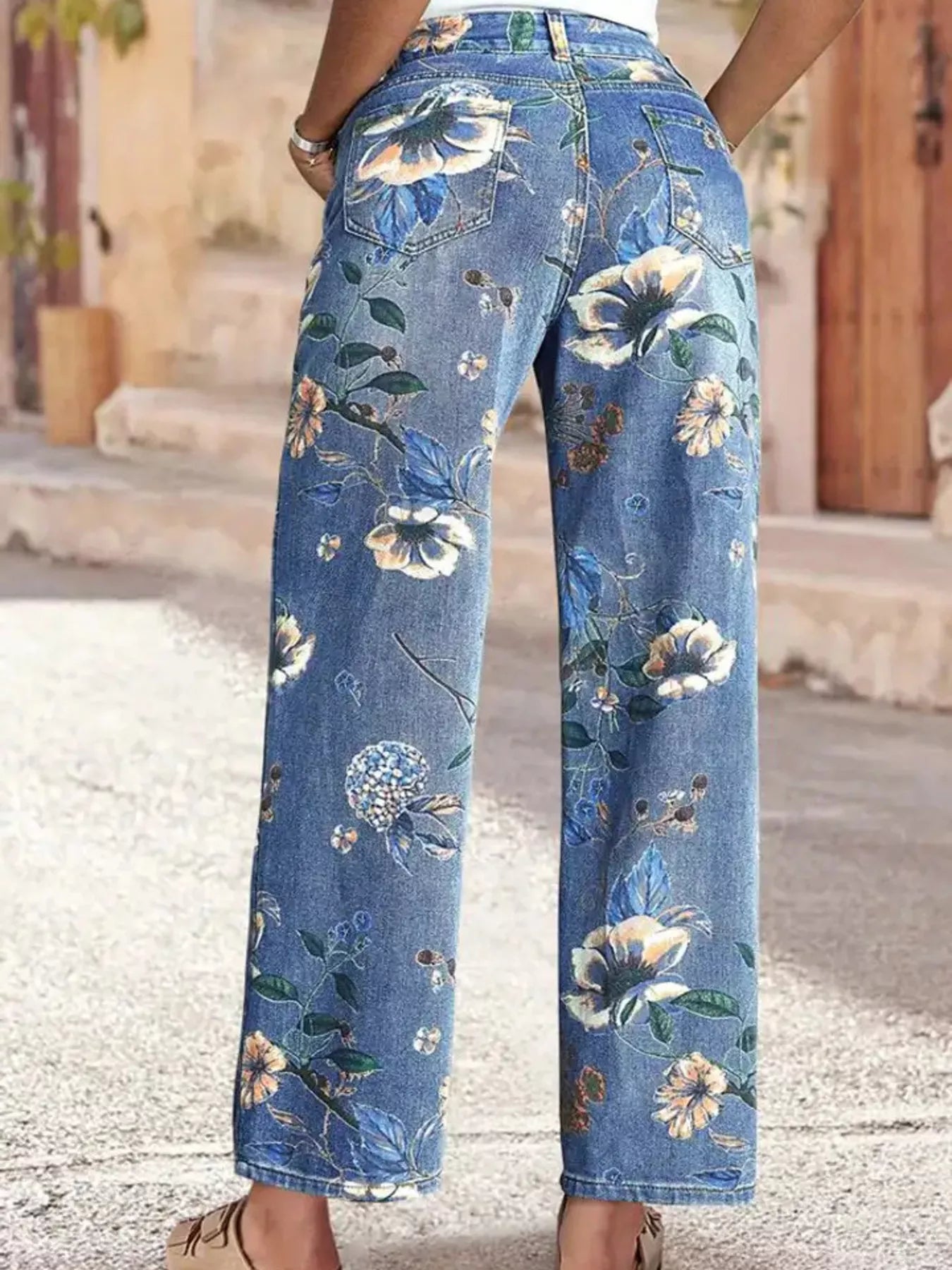 Floral Print Wide Leg Jeans - Bayou Curves