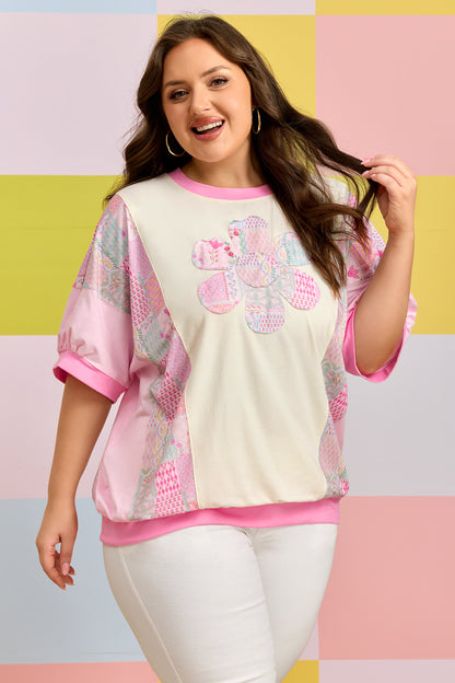 Plus Size Beige Floral Patchwork Short Sleeve Patch Embroidery Cotton T Shirt