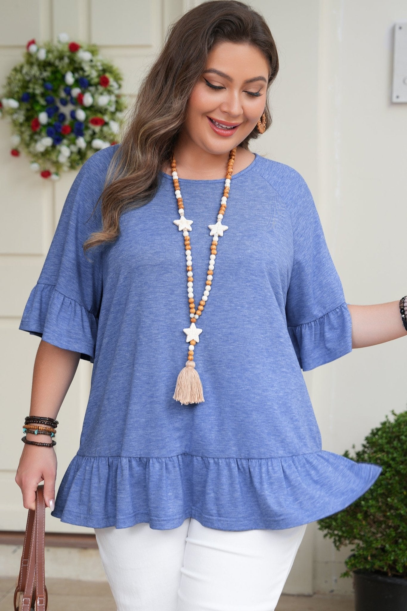 Plus Size Dusk Blue Ruffled Short Sleeve Casual Blouse - Bayou Curves