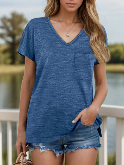 Pocketed Heathered V-Neck Short Sleeve T-Shirt - Bayou Curves