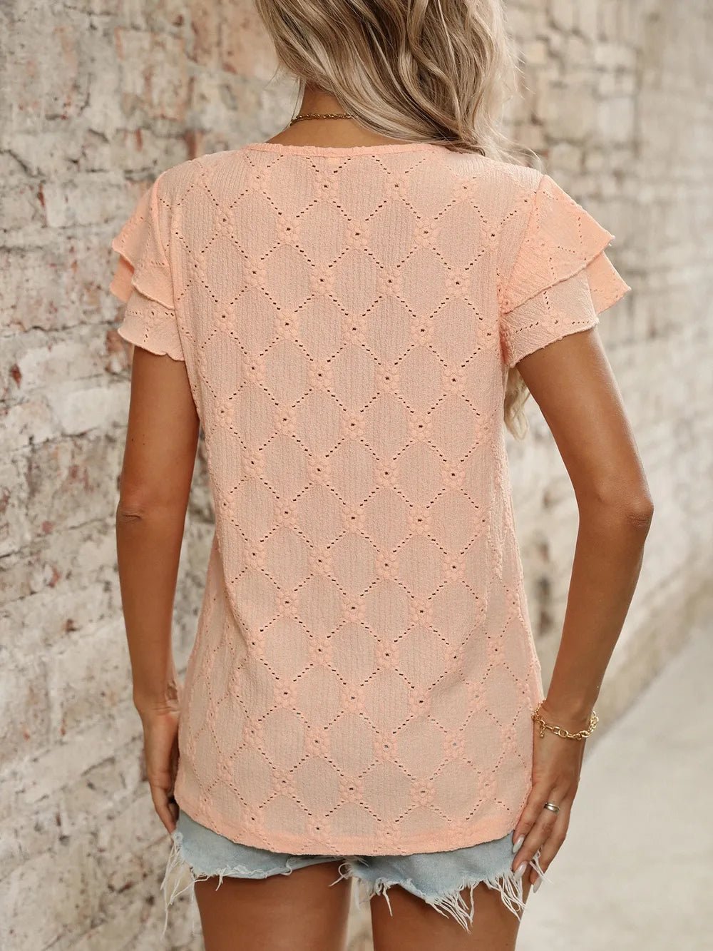 Eyelet Round Neck Double Layered Ruffled Short Sleeve Top - Bayou Curves
