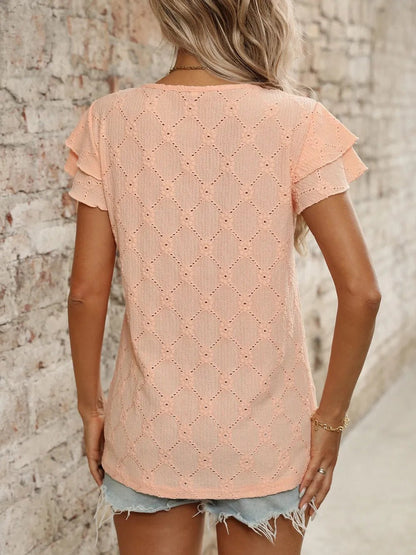 Eyelet Round Neck Double Layered Ruffled Short Sleeve Top - Bayou Curves