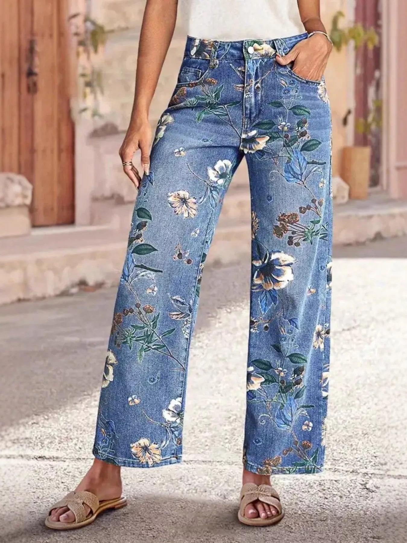 Floral Print Wide Leg Jeans - Bayou Curves