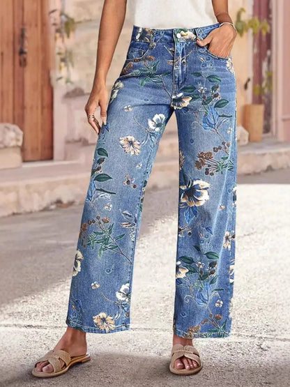 Floral Print Wide Leg Jeans - Bayou Curves