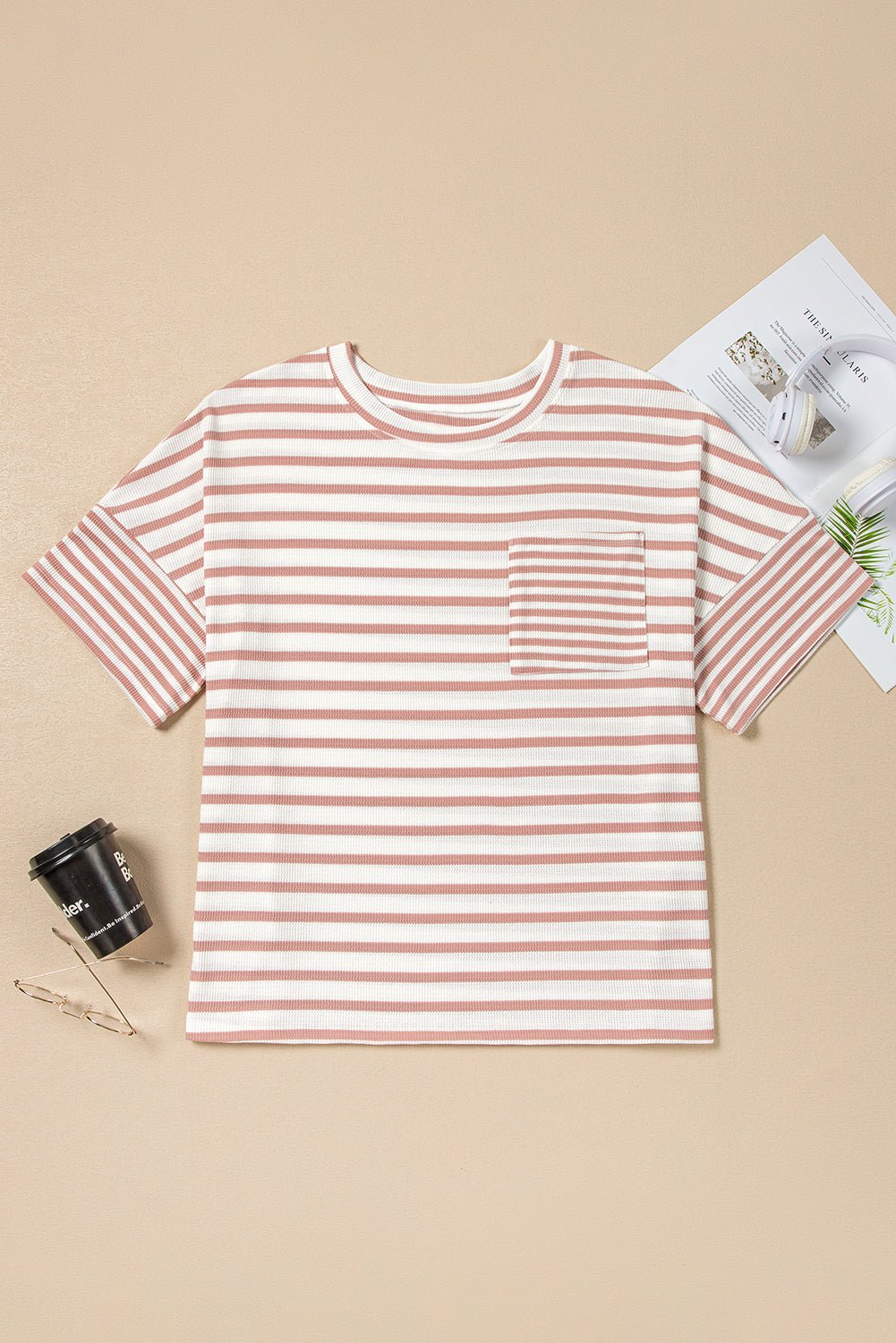 Plus Size Pink Stripe Waffle Knit Pocketed Half Sleeve T Shirt - Bayou Curves