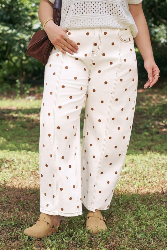 Plus Size Beige Polka Dot Print Barrel Jeans - Bayou Curves
