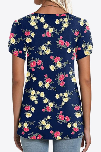 Printed Petal Sleeve V-Neck Blouse - Bayou Curves