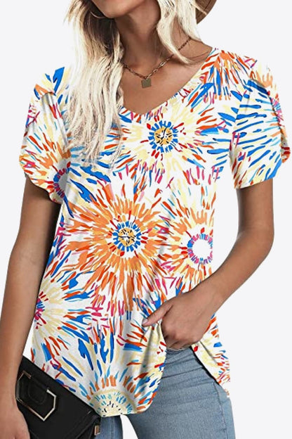 Printed Petal Sleeve V-Neck Blouse - Bayou Curves