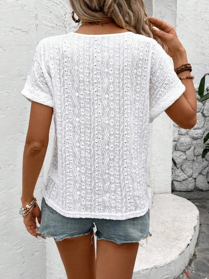 Eyelet Round Neck Short Sleeve Top - Bayou Curves