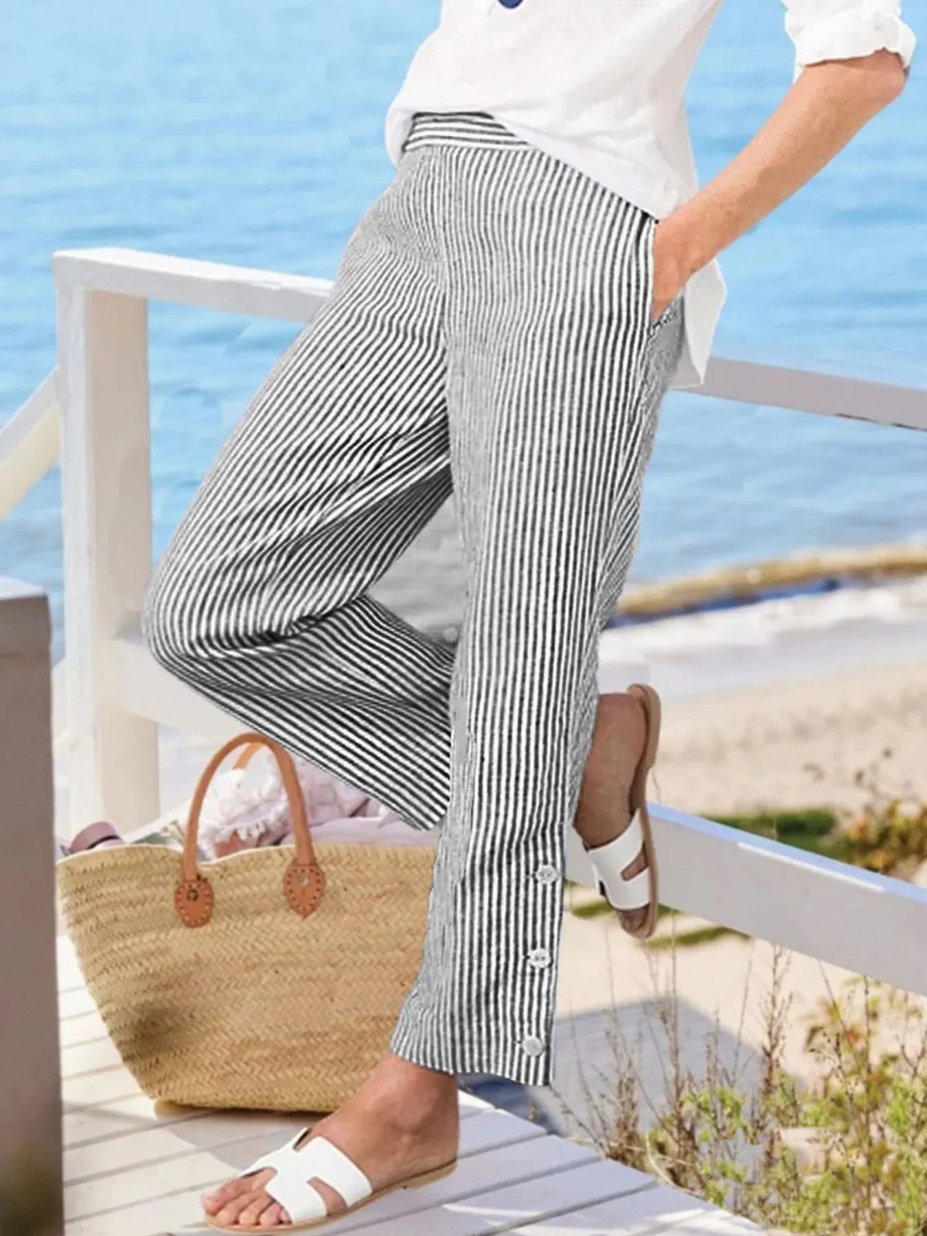 Full Size Striped Side Button Detail Pants Plus Size - Bayou Curves