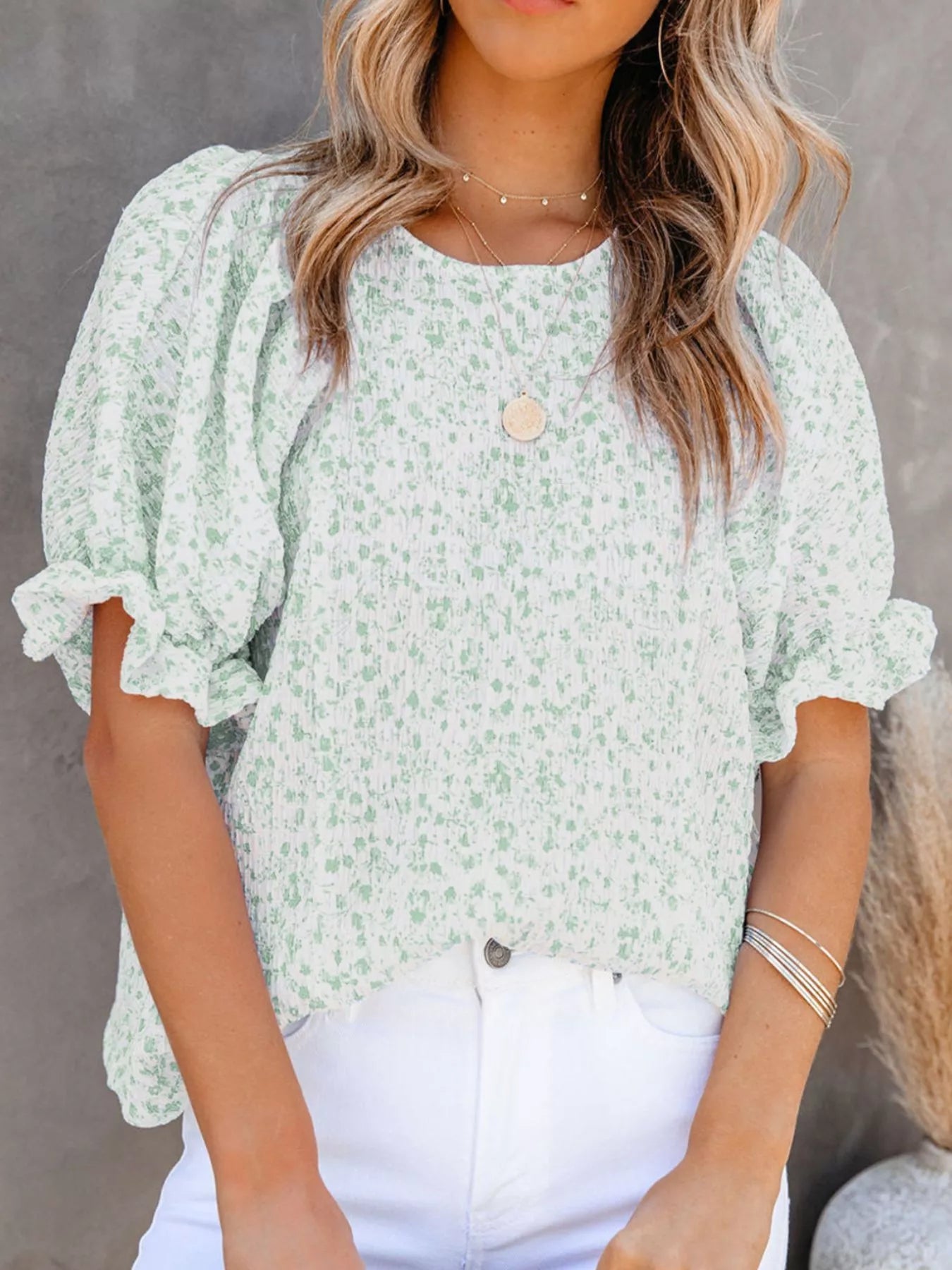 Full Size Floral Print Ruffle Sleeve Blouse Plus Size - Bayou Curves