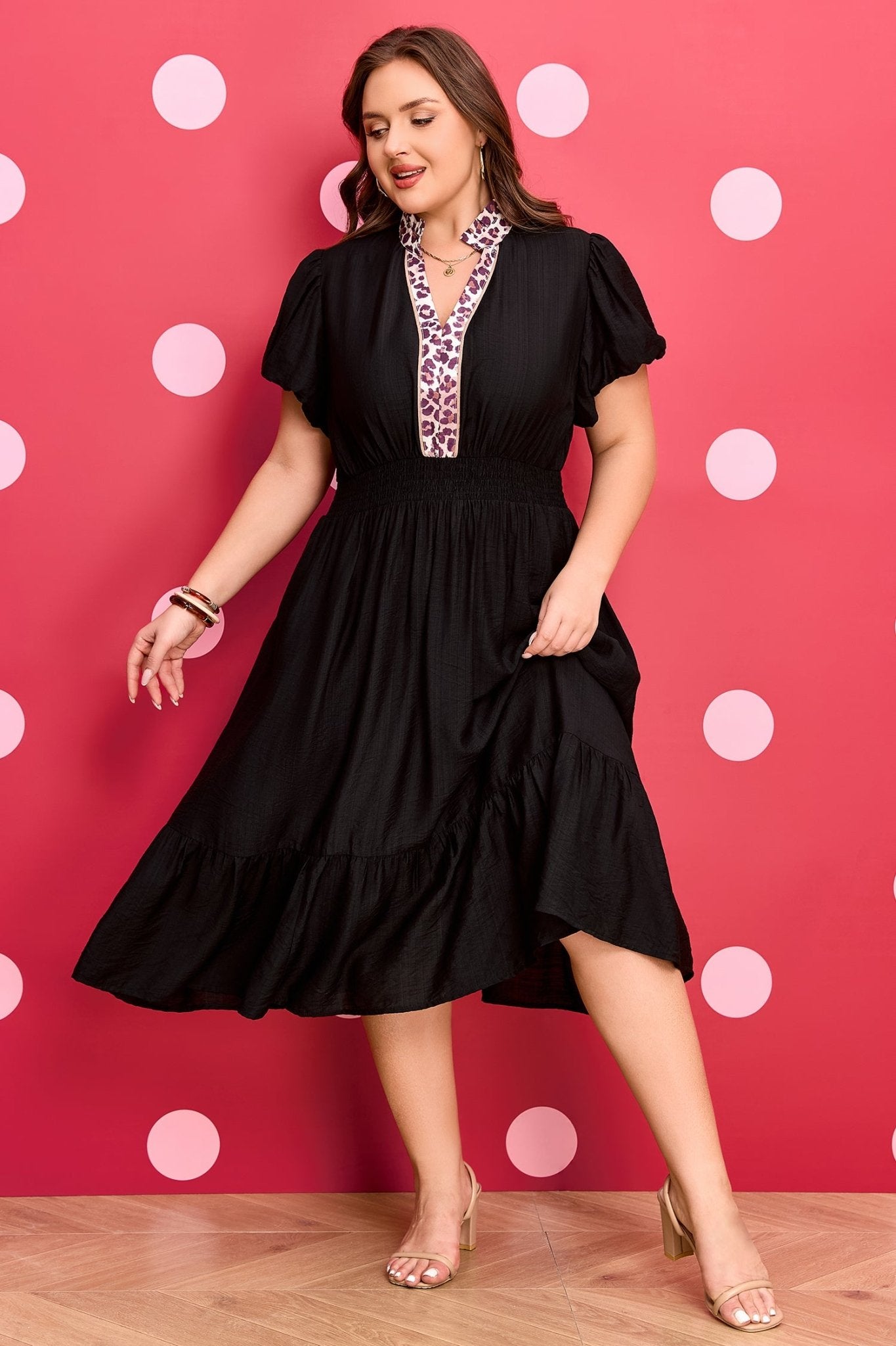 Plus Size Black Leopard V Neck Patchwork Smocked Waist Ruffled Dress - Bayou Curves