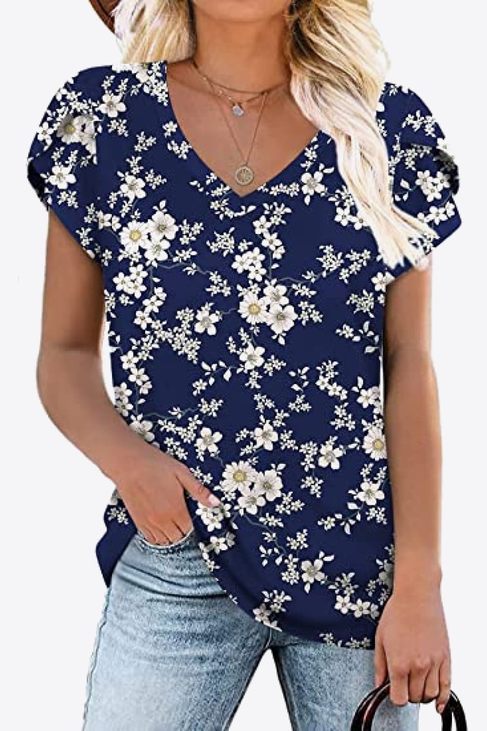 Printed Petal Sleeve V-Neck Blouse - Bayou Curves