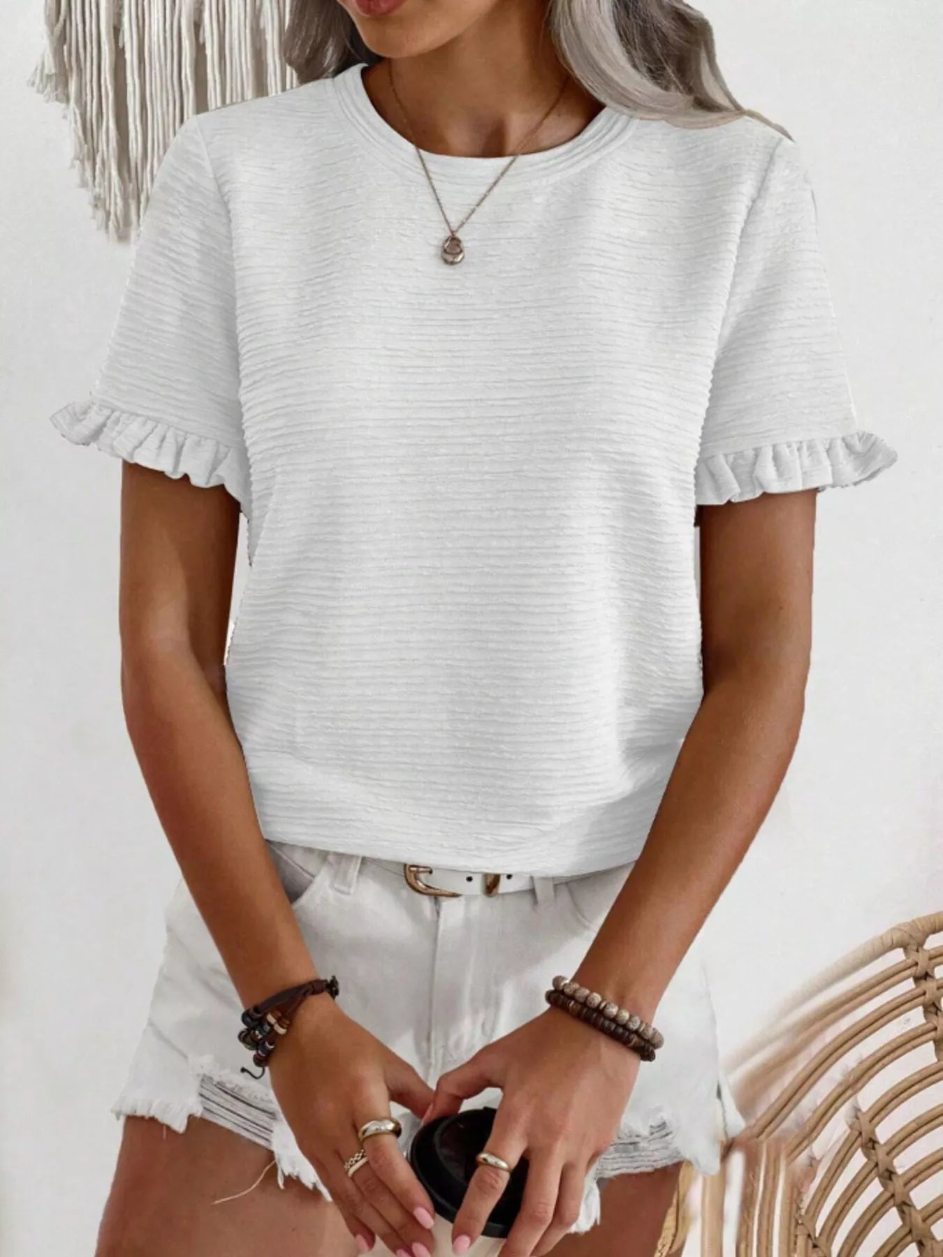 Textured Ruffle Sleeve Round Neck T-Shirt - Bayou Curves