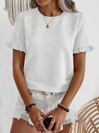 Textured Ruffle Sleeve Round Neck T-Shirt - Bayou Curves