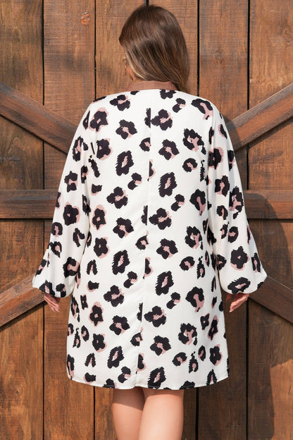 Plus Size Khaki Leopard Print Contrast V Neck Shift Mini Dress - Bayou Curves