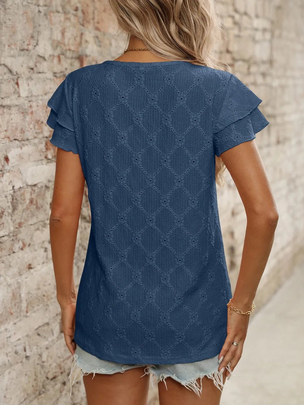 Eyelet Round Neck Double Layered Ruffled Short Sleeve Top - Bayou Curves