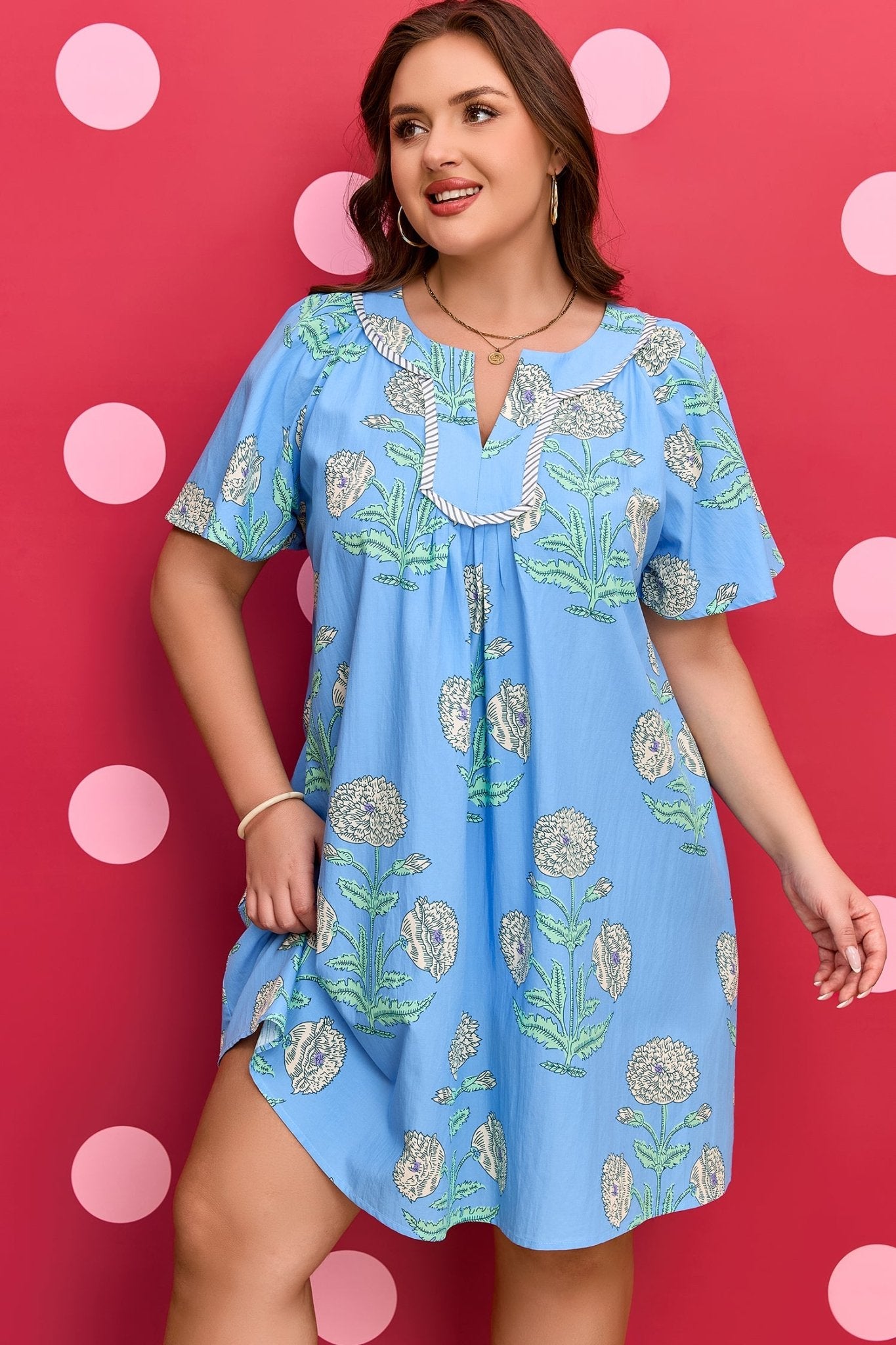Plus Size Sky Blue Floral Printed Short Sleeve Striped Trim Split Neck Mini Dress - Bayou Curves