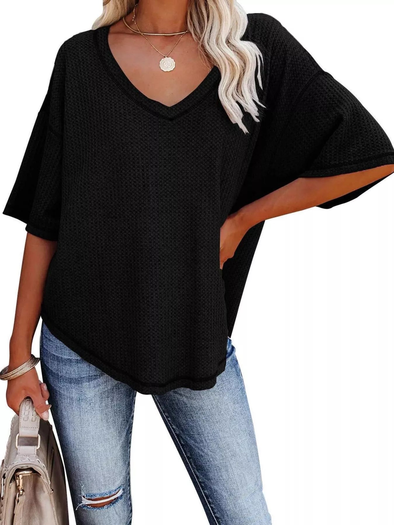 Waffle Knit V-Neck Short Sleeve T-Shirt - Bayou Curves